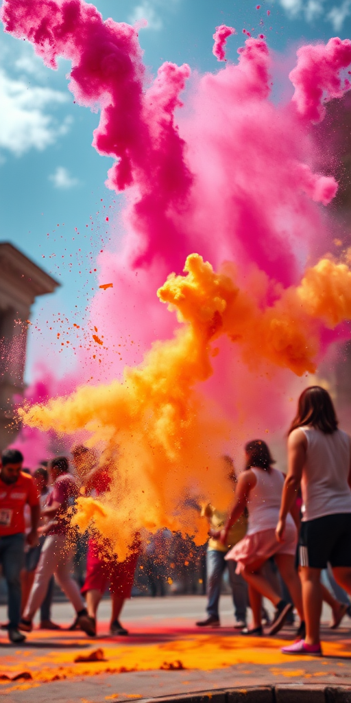 vibrant explosion of colored powder in the air, high dynamic range, 50mm lens, f/2.8 aperture, ISO 100, shutter speed 1/500 sec, low angle view, cinematic style, high-resolution digital camera