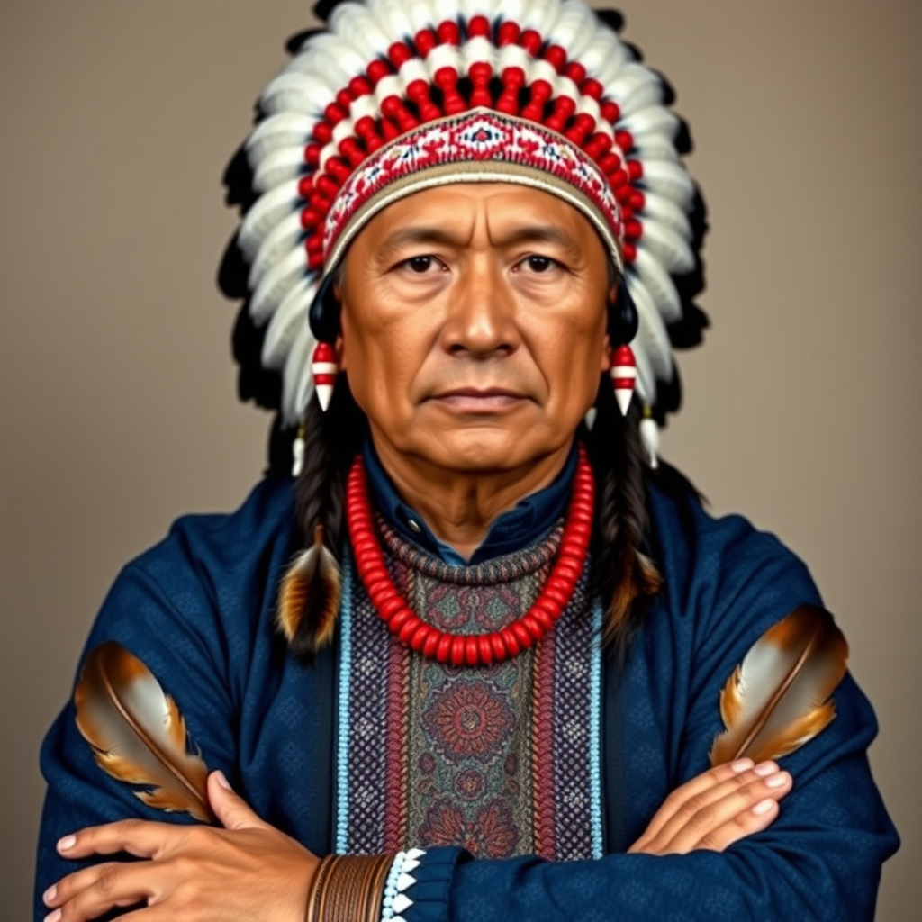 Create a dignified portrait of a Native American man dressed in traditional attire. He wears a beautifully crafted headdress adorned with white feathers and red beads, along with a beaded headband featuring intricate patterns. His clothing includes a deep blue, patterned shirt and a traditional chest piece with detailed beadwork. His arms are crossed, displaying leather armbands decorated with feathers. The background is simple and neutral, emphasizing his proud and stoic expression. The overall image captures the rich cultural heritage and strength of his persona.