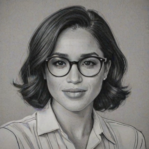 Splendid Meghan Markle, pencil sketch, portrait of Pleasing woman 1938s in glasses, hair style beatnik, outline, clear lines, fine lines, 8k