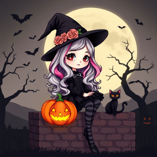 A cute, gothic-style cartoon of a young witch resembling Wednesday Addams sitting on a brick wall under a full moon. She has long wavy hair with silver, pink, and purple ombre highlights, and wears a classic black witch hat decorated with a pumpkin and roses. She is dressed in a black frilly dress with striped stockings and black shoes. A glowing Jack-o'-lantern sits beside her, and a black cat with glowing orange eyes is next to her. The background features a large moon, silhouetted bats, and a spooky tree, with a soft monochrome and slightly glowing effect, creating a magical Halloween atmosphere.
