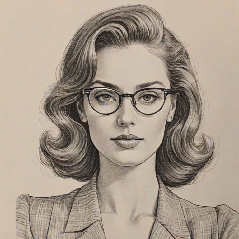 Resplendent Ella Balinska, pencil sketch, portrait of Alluring woman 1941s in glasses, hair style beatnik, outline, clear lines, fine lines, 8k