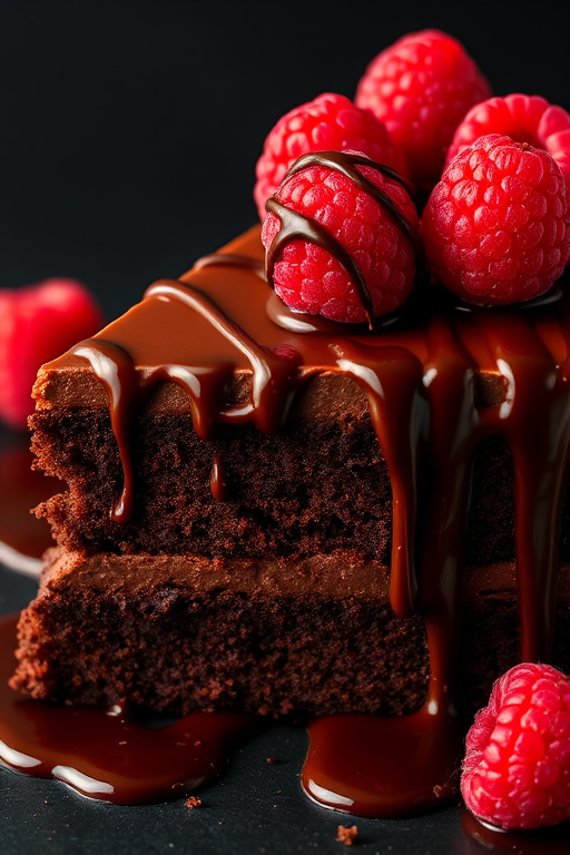 A delicious slice of chocolate cake with rich chocolate frosting drizzled with chocolate sauce topped with fresh raspberries on a dark background.
