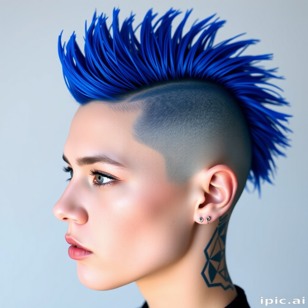 Striking portrait highlighting Electric Cobalt strands, a vibrant blue hue in a mohawk style with shaved sides and intricate geometric patterns
