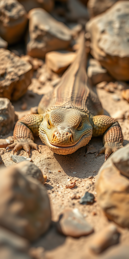 Capture a close-up of a large reptile on sandy ground surrounded by rocks, using a DSLR camera with a 50mm lens, f/2.8 aperture, ISO 200, shooting in natural light for enhanced detail and vibrant colors.