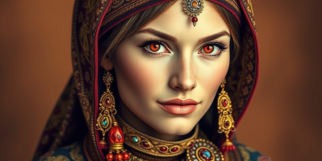 Create a portrait of a beautiful Sami woman with striking red eyes and a gentle expression. She is adorned in traditional attire with intricate patterns, including a richly embroidered headscarf and matching garments. Her jewelry includes a delicate headpiece, dangling earrings, and ornate bracelets, all featuring vibrant gemstones and detailed metalwork. The background is soft and warm, enhancing the rich colors of her outfit and jewelry.
