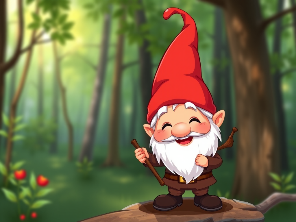 Create a vibrant illustration of a cheerful gnome character with a red hat and a brown outfit holding a stick, set against a lush forest background, using a DSLR camera with a 50mm lens, aperture f/1.8, ISO 100, and a shallow depth of field for a soft blur effect.