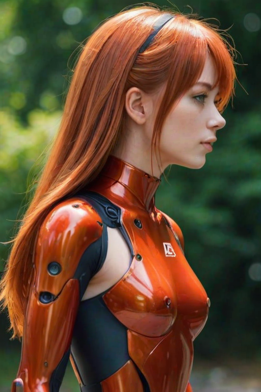 1girl, solo, long hair, bangs, blue eyes, closed mouth, upper body, outdoors, orange hair, blurry, from side, lips, bodysuit, profile, floating hair, depth of field, blurry background, letterboxed, realistic, nose, plugsuit, red bodysuit, interface headset, souryuu asuka langley