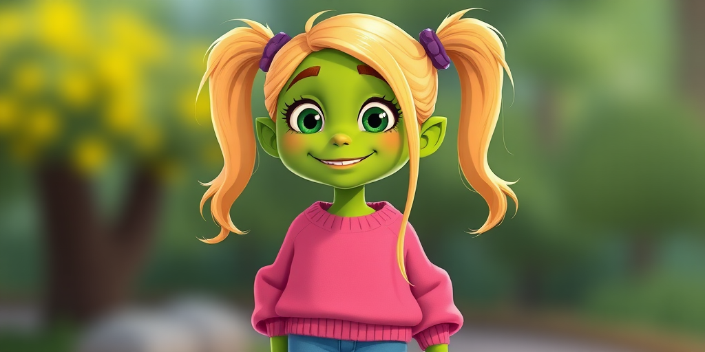Create a cartoon-style character illustration of a green-skinned creature with long blonde hair styled in pigtails, wearing a pink sweater and blue pants, captured with a Canon EOS R5 camera at f/4, ISO 100, 50mm lens, with a high-resolution 4K background.