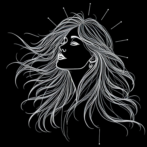 Create a highly detailed line drawing of a serene figure with flowing hair, radiating light with a dark background, using a DSLR camera with a 50mm lens at f/1.8, ISO 200, and a soft focus effect to enhance image quality.
