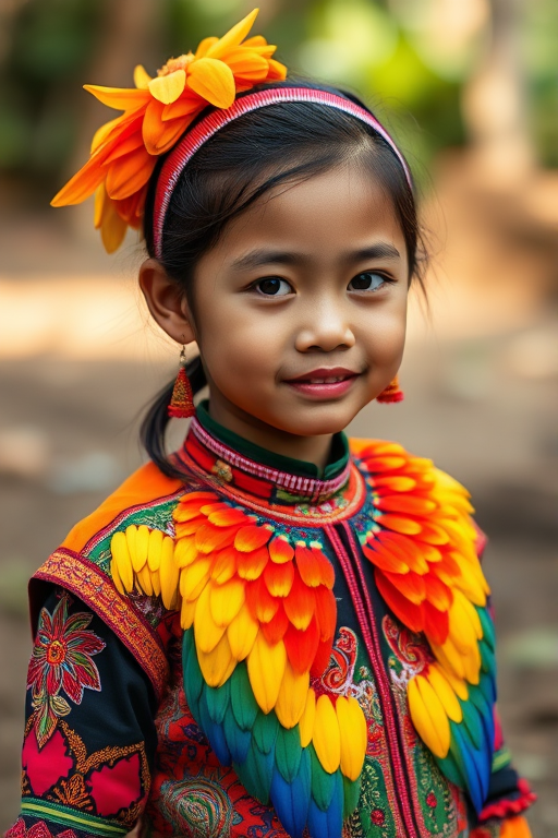 A beautiful Cambodian girl, wearing colorful bird clothing with vibrant colors