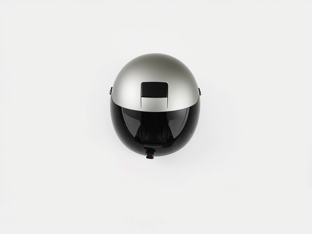 Create a minimalist design of a sleek helmet with a matte finish, centered on a plain white background, captured with a Canon EOS R5, 50mm lens, f/1.8 aperture, ISO 100, top-down view, soft natural lighting, and enhanced clarity.