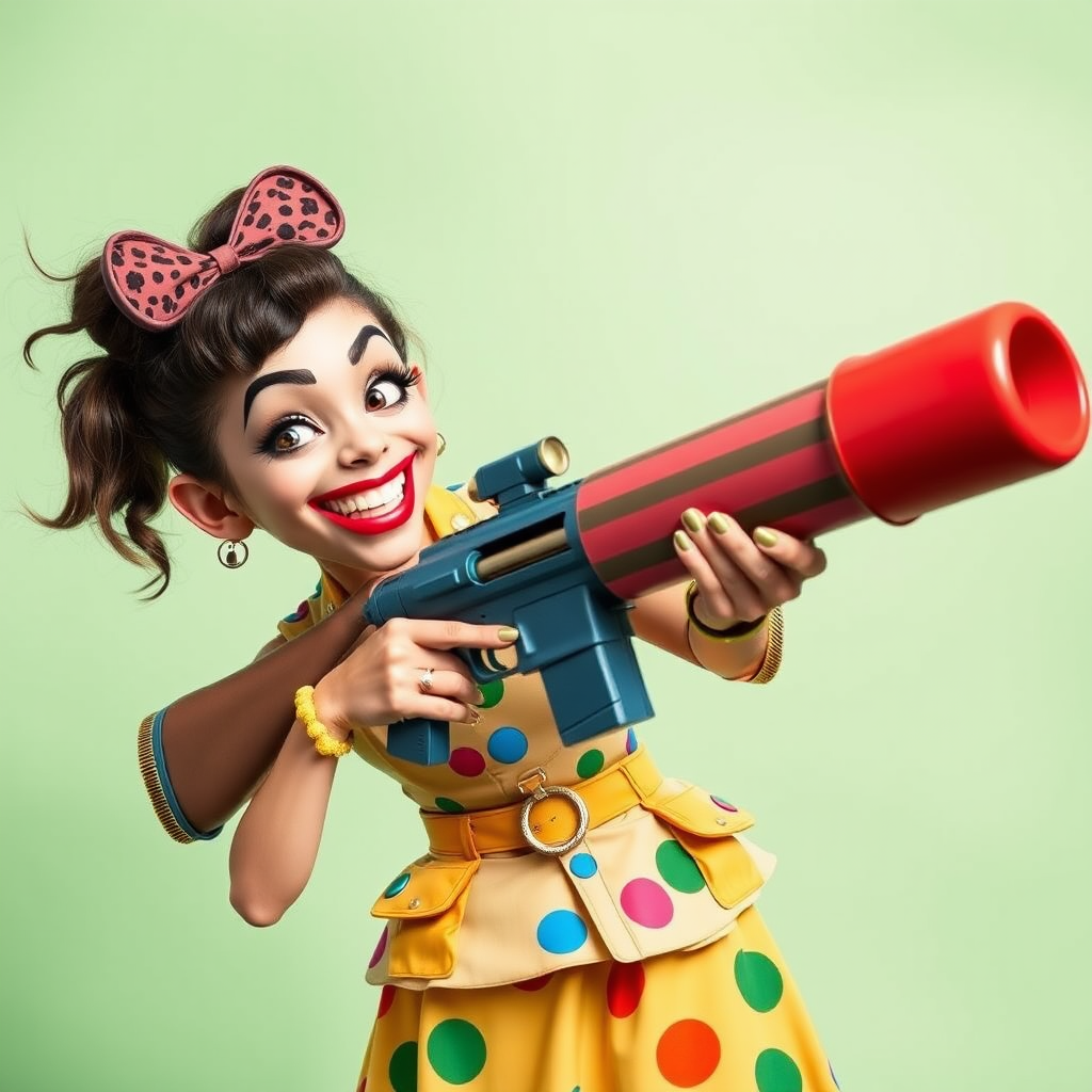 A playful woman holds a bazooka with a mischievous grin, her pose exaggerated and cartoonish. She’s dressed in a colorful, quirky outfit with oversized accessories, giving her a whimsical and fun appearance. The bazooka, although large, is designed in a cute, almost toy-like style, adding to the humorous and lighthearted vibe of the scene. The background is bright and cheerful, enhancing the overall playful atmosphere.
We share ALL our prompts in the Bing Image Prompts group: