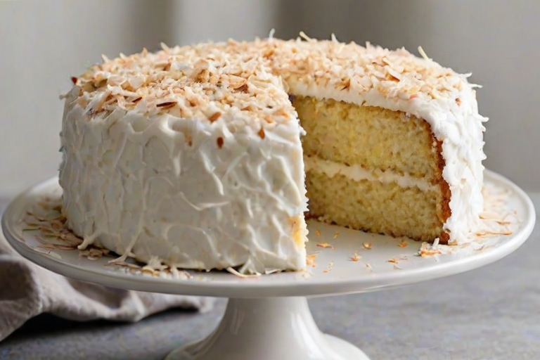 Generate an image of a freshly baked coconut cake. The cake should be rectangular, topped with a generous layer of white frosting and sprinkled with shredded coconut. Place the cake on a wire cooling rack, with a light, neutral background to emphasize its texture and decoration. Include a soft cloth beside the cake for added detail.
