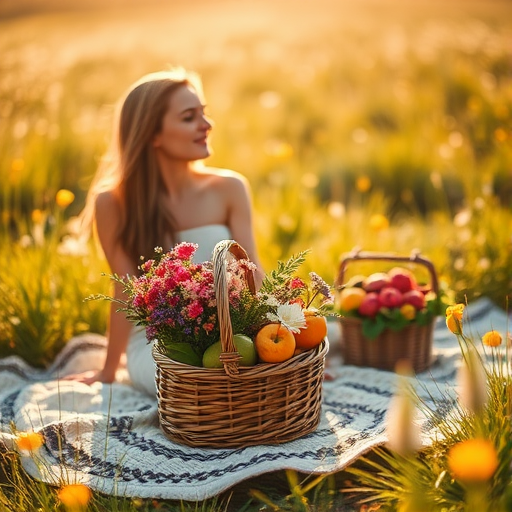 Soft-focus image of a woman enjoying a picnic in a sun-dappled meadow, with a woven blanket spread out, surrounded by a basket of fresh fruits and flowers in full bloom.