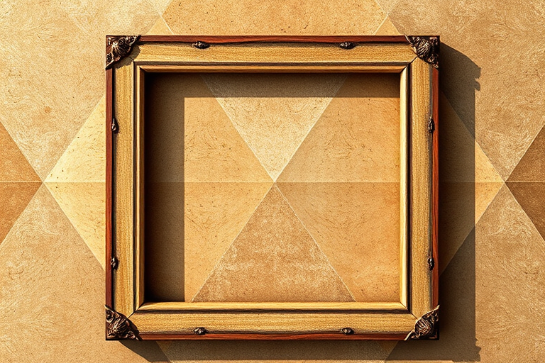 Create a vintage-style frame on a textured geometric background, using a DSLR camera with a 50mm lens at f/1.8, ISO 100, and natural lighting, capturing a close-up view for enhanced detail and depth.