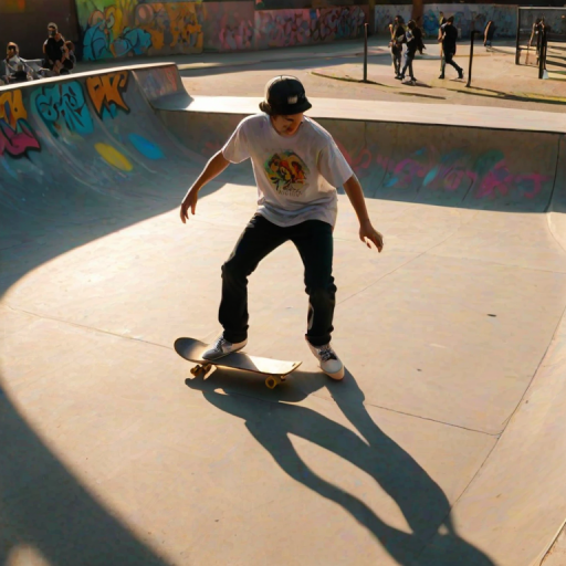 Blurry action shot of a skateboarder performing tricks at a skate park, with colorful graffiti on the walls and the sun casting long shadows on the ground.