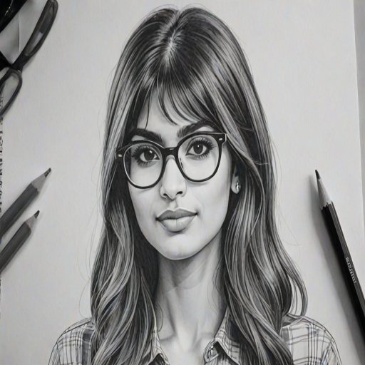 hot mia khalifa, pencil sketch, portrait of beautiful woman 60s in glasses, hair style beatnik, outline, clear lines, fine lines, 8k