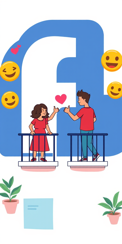 Create an illustration featuring two characters on balconies, connected by a large Facebook logo in the background, with emojis like hearts and thumbs up around, using a Canon EOS R5 camera, 50mm lens at f/1.8, ISO 100, shot from a slightly elevated angle to capture vibrant colors and clean lines.