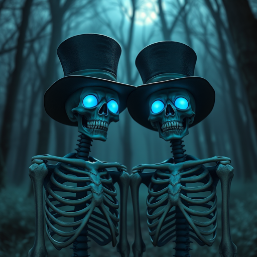 Create a highly detailed digital illustration of two skeletons wearing top hats, with glowing blue eyes, set in a spooky, misty forest at night, using a DSLR camera with a 50mm lens, f/1.8 aperture, ISO 100, and soft focus effect to enhance depth and atmosphere.