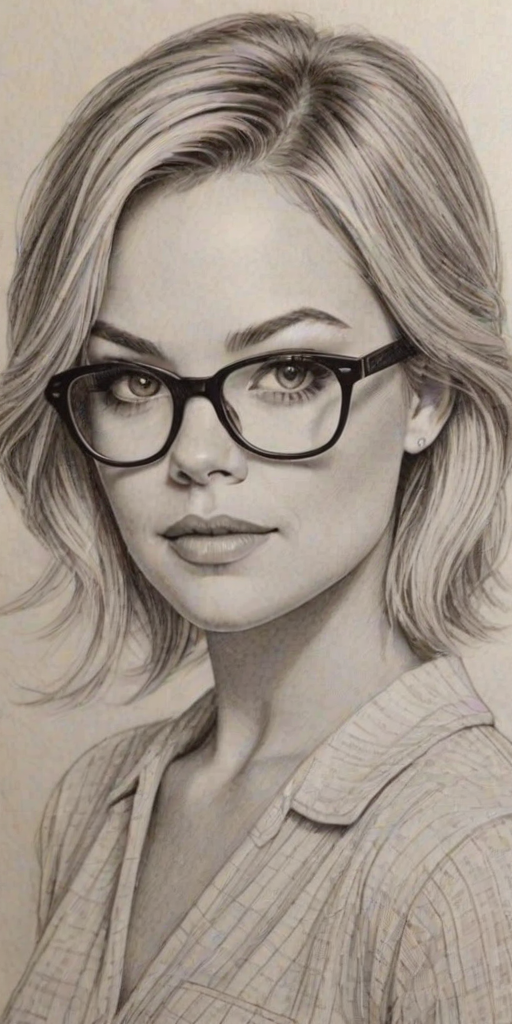 Stunning Kirsten Storms, pencil sketch, portrait of Delightful woman 1971s in glasses, hair style beatnik, outline, clear lines, fine lines, 8k