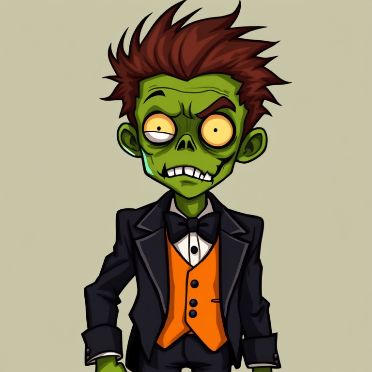 Regenerate a cartoon-style zombie character with exaggerated features, vibrant green skin, wild hair, wearing a tuxedo with an orange belt, against a simple background; use a DSLR camera with a 50mm lens, f/1.8 aperture, ISO 100, and soft focus lighting for enhanced detail and color vibrancy.