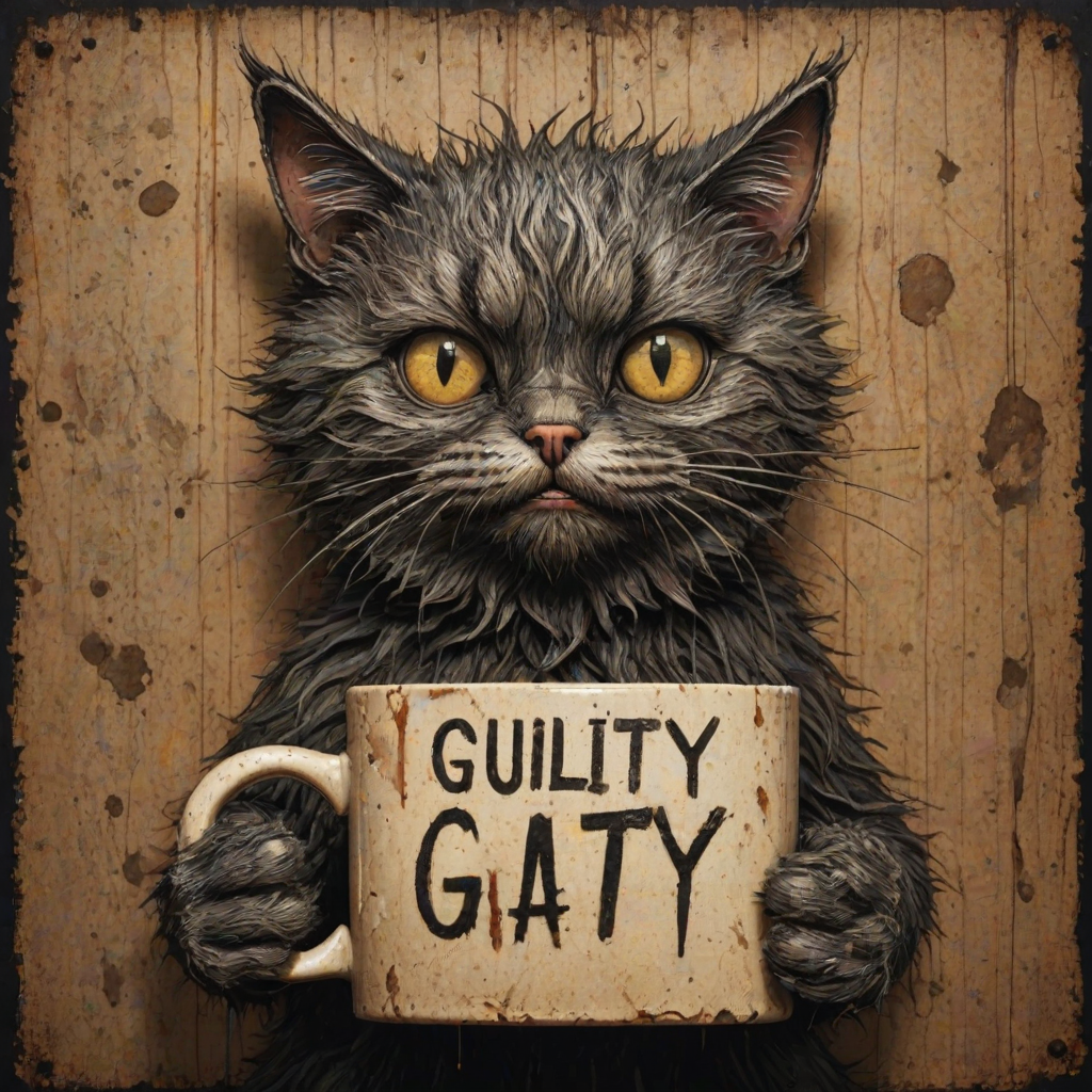 A comical cartoon-like scruffy cat, battered, dirty, with a mug shot and 'guilty' written on the board, in a whimsical and surreal art style with dark fantasy themes, dramatic lighting effects, minimalist and abstract touches, hyper-realistic details, textured backgrounds, vintage aesthetics, playful and exaggerated characters, gothic aesthetics, intricate designs, detailed patterns, and artistic composition