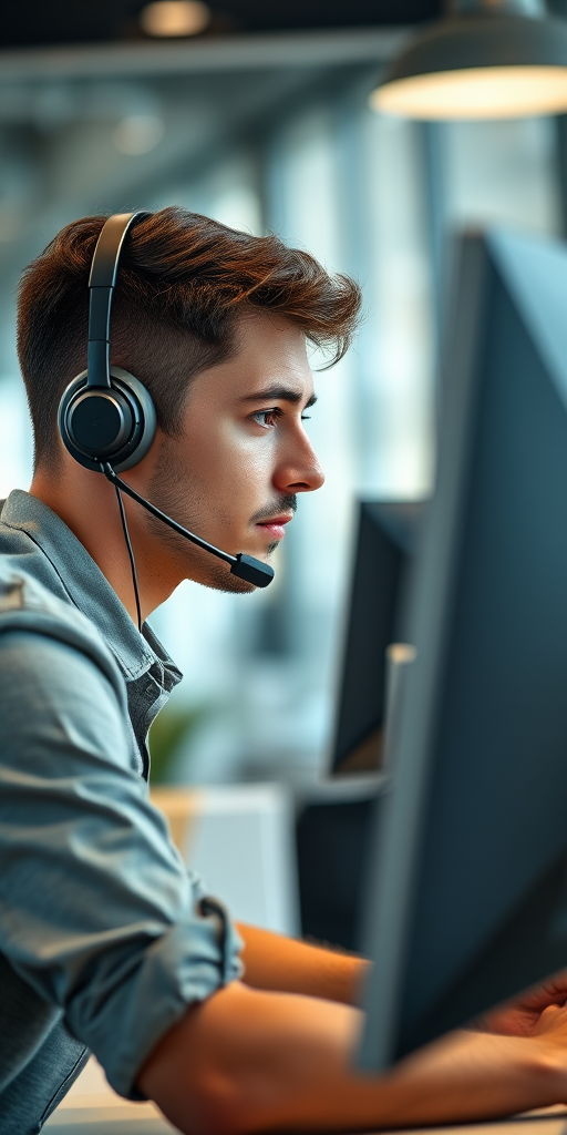 Regenerate an image of a young man wearing a headset, focused on his computer screen in a modern office setting, use a 50mm lens, aperture f/1.8, ISO 400, natural light, a shallow depth of field, from a slightly angled side view, with a soft focus on the background.