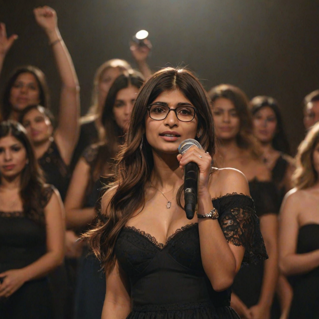 mia khalifa with long, flowing brown hair is standing in the center of the frame, holding a microphone in her right hand, and looking slightly off to the right side of the frame. She is wearing a black, off-the-shoulder dress with delicate lace detailing. The lighting is warm and dramatic, creating a spotlight effect on the singer. There are other figures in the background, blurred and out of focus, suggesting a concert or performance setting. The camera angle is low, capturing the woman from the waist up. The overall atmosphere is intimate and captivating.