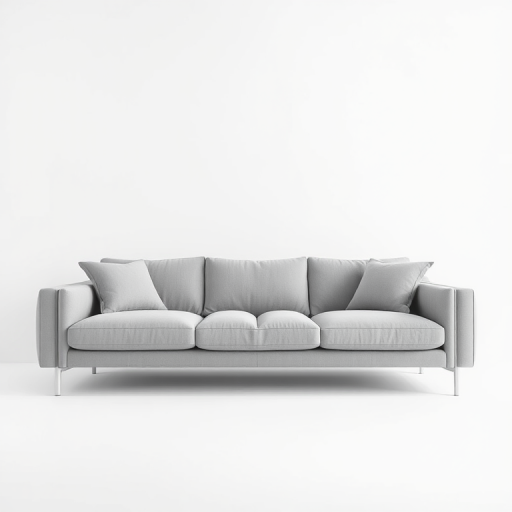 create a minimalist modern couch in a soft gray color with smooth textures, focus on clean lines and comfortable cushions, shot with a DSLR camera at f/5.6, ISO 100, 1/125s, using a 35mm lens, in a well-lit studio with soft box lighting for even illumination and minimal shadows