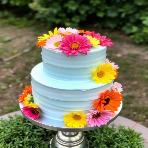A two-tiered cake with a light blue frosting decorated with colorful edible flowers in shades of pink yellow and orange placed on a silver cake stand outdoors surrounded by greenery
