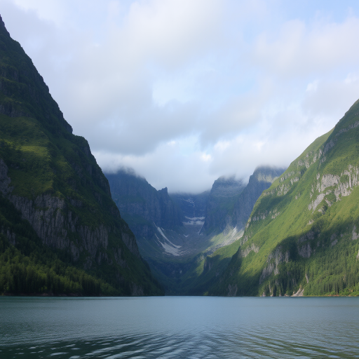Create an image of a breathtaking fjord surrounded by steep cliffs and lush greenery under a cloudy sky, with serene waters reflecting the landscape.