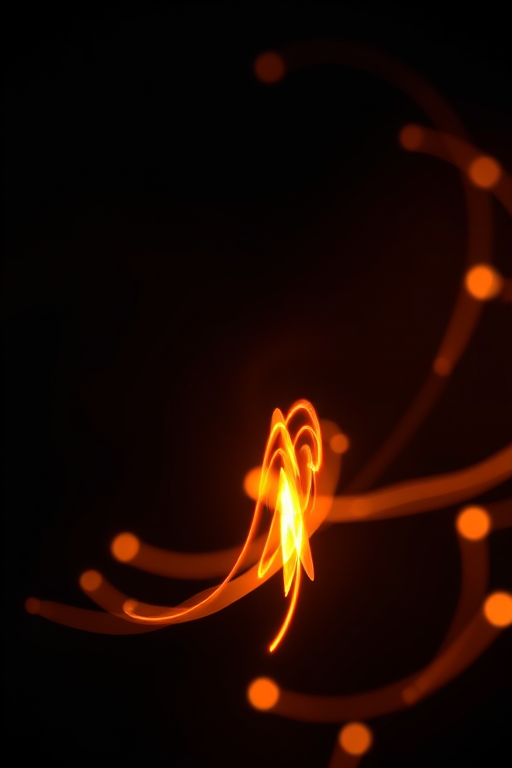 Create a high-resolution image of a glowing bird silhouette against a dark background, featuring vibrant orange and yellow swirling lights, shot with a DSLR camera at f/2.8, ISO 100, 1/60 sec, using a 50mm lens, and a soft focus effect for an ethereal look.