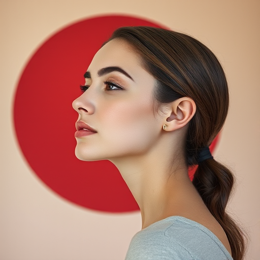 Create a minimalist portrait of a woman with geometric shapes in muted colors, emphasizing a side profile with a large red circle in the background, captured with a DSLR camera at ISO 100, f/2.8 aperture, 50mm lens, natural lighting, and a shallow depth of field to enhance clarity and detail.