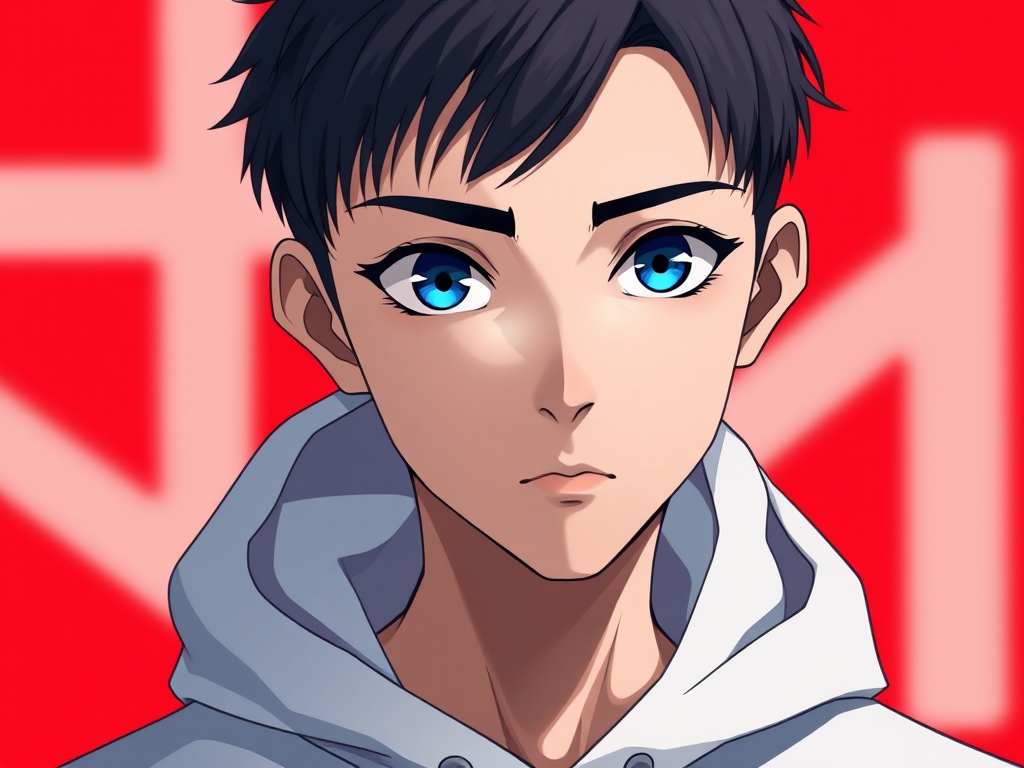 Generate an anime-style portrait of a young male character with short, dark hair and piercing blue eyes, wearing a white hoodie, set against a vibrant red background, using a Canon EOS R5 with a 50mm f/1.2 lens, aperture set to f/2.8, ISO 100, and shot in portrait mode.