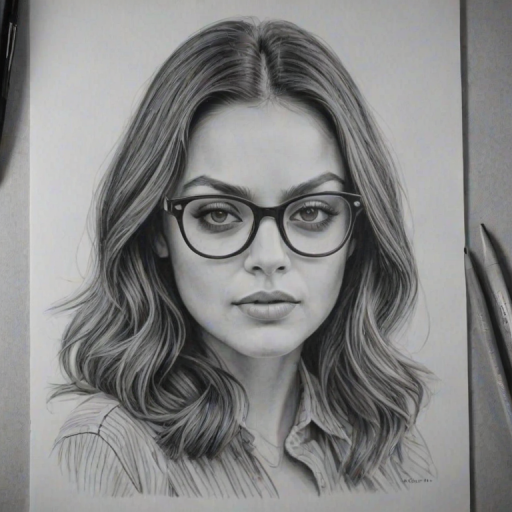 Stunning Mila Kunis, pencil sketch, portrait of Radiant woman 1944s in glasses, hair style beatnik, outline, clear lines, fine lines, 8k