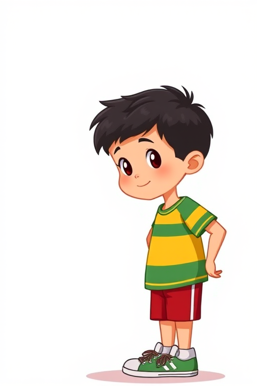 generate a colorful cartoon-style illustration of a young boy with short dark hair wearing a striped green and yellow shirt, red shorts, and sneakers, using a 50mm lens, f/2.8 aperture, natural lighting, and a slightly elevated angle to enhance image quality.