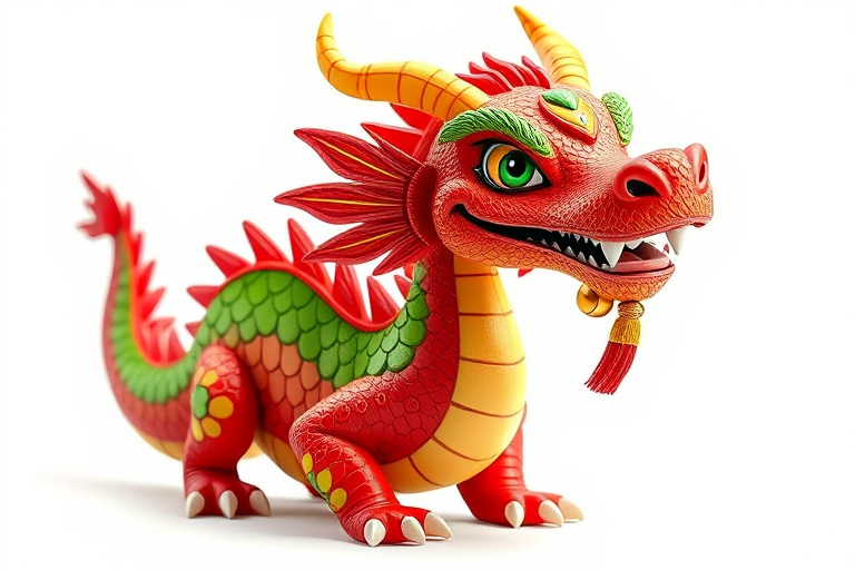 Create a vibrant and colorful cartoon-style dragon with exaggerated features, featuring scales in red, green, and yellow, adorned with bells, set against a clean white background, captured with a DSLR camera at f/2.8 aperture, 50mm lens, shooting from a slightly elevated angle to emphasize details and enhance image sharpness.