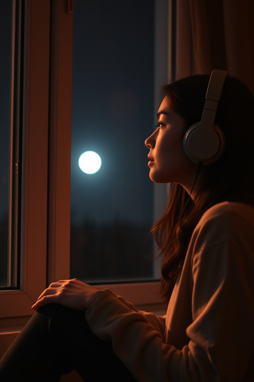 A young woman with headphones sitting by a window at night, gazing thoughtfully outside where a bright moon is visible, with cozy indoor lighting, soft focus, 50mm lens, aperture f/1.8, ISO 200, warm color grading, digital art style.