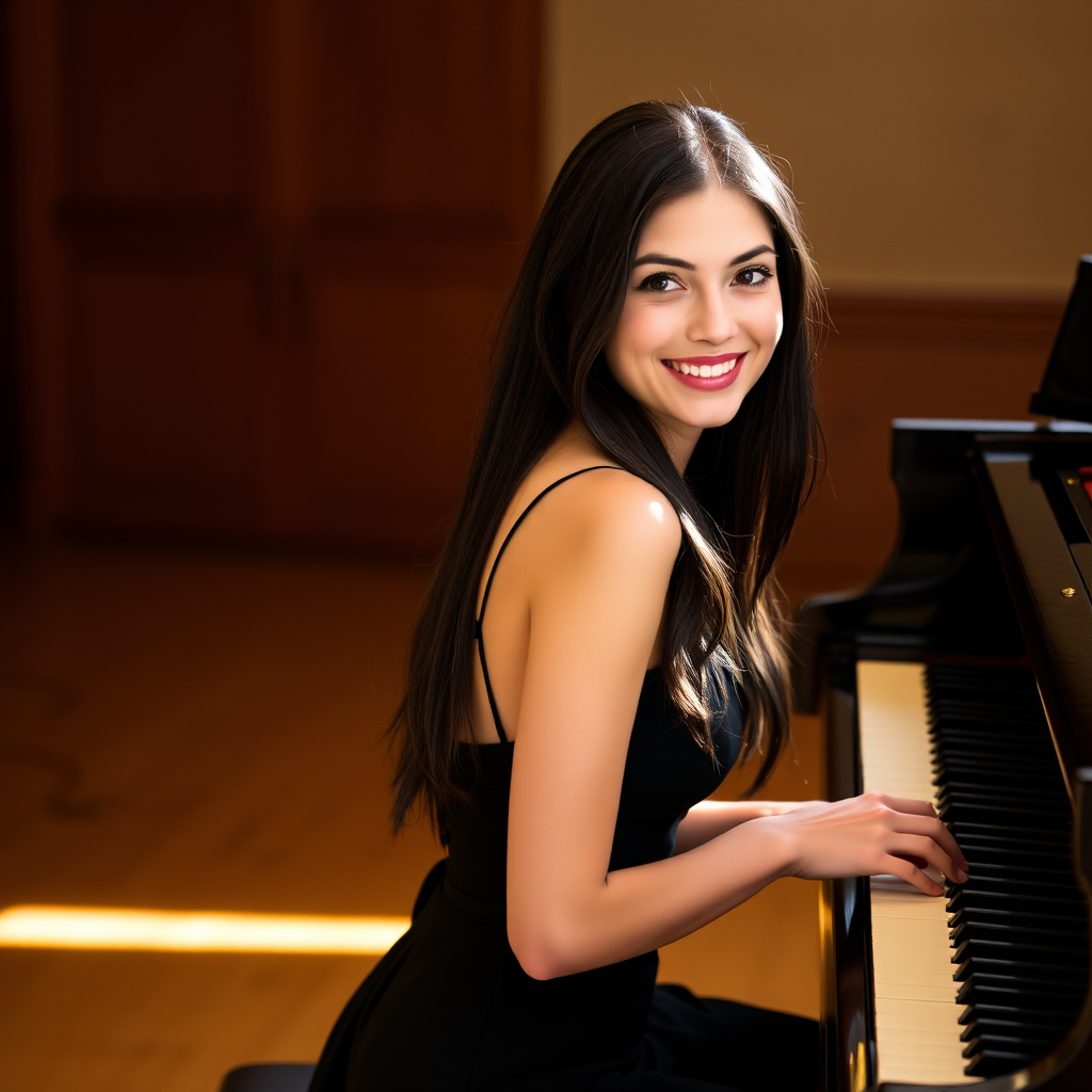 A young woman with long, dark hair smiles at the viewer as she sits at a grand piano, her right hand poised over the keys. The scene is lit by warm, natural light, highlighting the elegant simplicity of the woman's black dress. The perspective is from the side, emphasizing the contrast between the woman's delicate form and the grand scale of the piano. The ivory keys and dark wood of the piano create a striking visual contrast, further emphasized by the rich black of her dress.