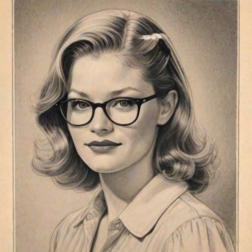 Ravishing Emilie de Ravin, pencil sketch, portrait of Enticing woman 1938s in glasses, hair style beatnik, outline, clear lines, fine lines, 8k