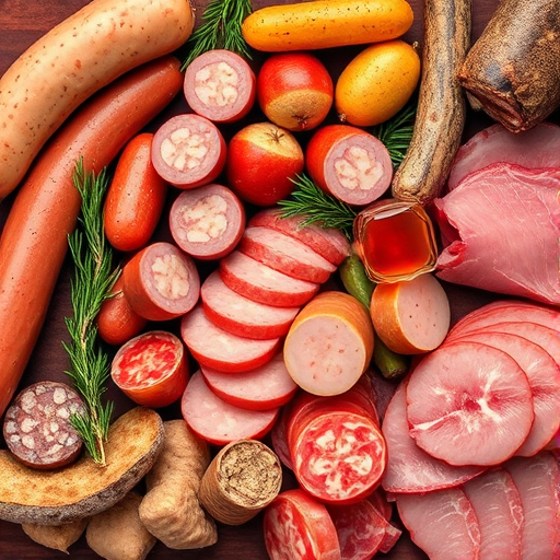 Create a high-resolution illustration of various types of cured meats, including sausages and cured cuts, with a vivid color palette, using a top-down camera view, f/8 aperture, ISO 100, and soft lighting to enhance texture and detail.