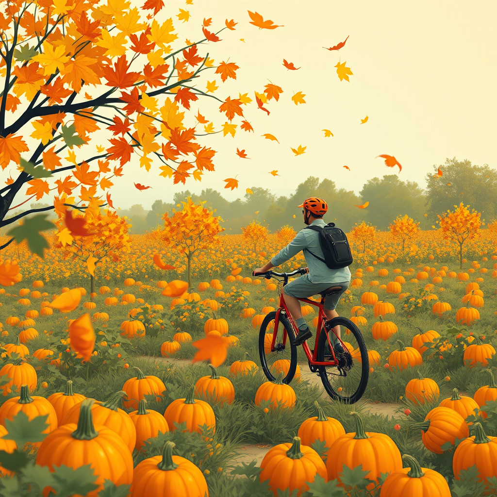 Generate an illustration of a person riding a bicycle through a pumpkin patch in autumn, with colorful leaves swirling in the air, bright orange and yellow pumpkins scattered throughout the landscape, soft pastel sky, using a Canon EOS R5, 35mm lens, f/8 aperture, ISO 100, high dynamic range for vibrant colors and sharp details.