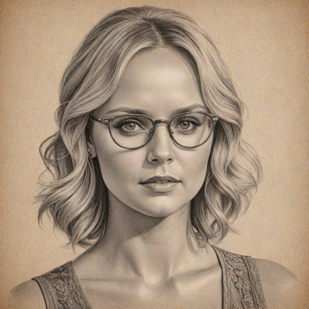 Gorgeous Miranda Lambert, pencil sketch, portrait of Beauteous woman 1935s in glasses, hair style beatnik, outline, clear lines, fine lines, 8k