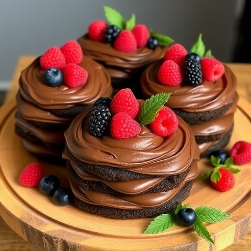 Chocolate layer cakes with rich frosting arranged on a wooden platter garnished with fresh berries and green foliage