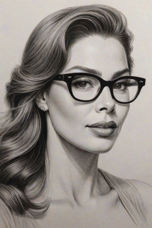 Superb Sofia Vergara, pencil sketch, portrait of Resplendent woman 1936s in glasses, hair style beatnik, outline, clear lines, fine lines, 8k
