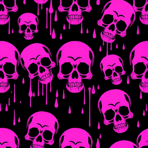 Create a seamless repeating pattern of stylized skulls with dripping effects in shades of pink and purple on a dark background, shot with a DSLR camera at f/8 aperture, ISO 200, 50mm lens, top-down view, flat lay style.