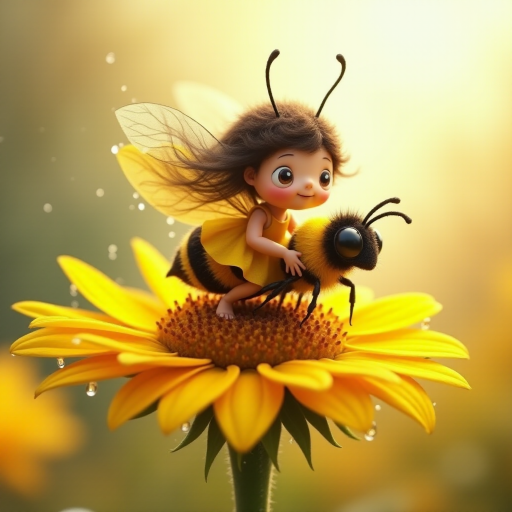 a whimsical cute girl with big eyes, big hair and flowing dress, riding astride a bumble bee, and flying across the top of the sunflower, which are just waking up, and catching dew drop of rain