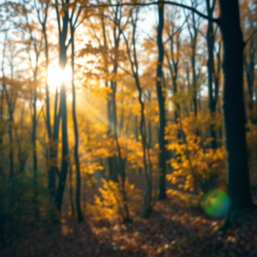autumn forest landscape at sunrise with golden leaves and sunlight filtering through trees, soft focus, vibrant colors, 24mm lens, f/4 aperture, ISO 100, shutter speed 1/200 sec, DSLR camera, natural light shooting, high dynamic range imaging