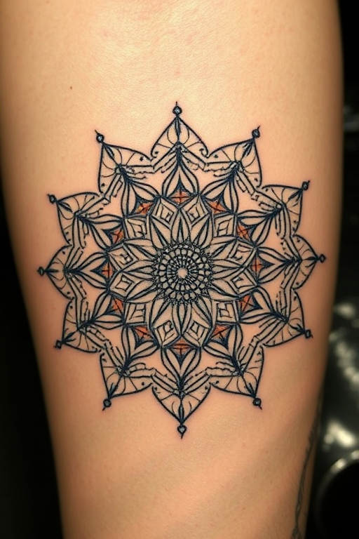 Dotwork mandala tattoo called "Cosmic Harmony" incorporating intricate patterns and sacred geometry formed entirely of tiny dots with gradual shading and symmetrical designs