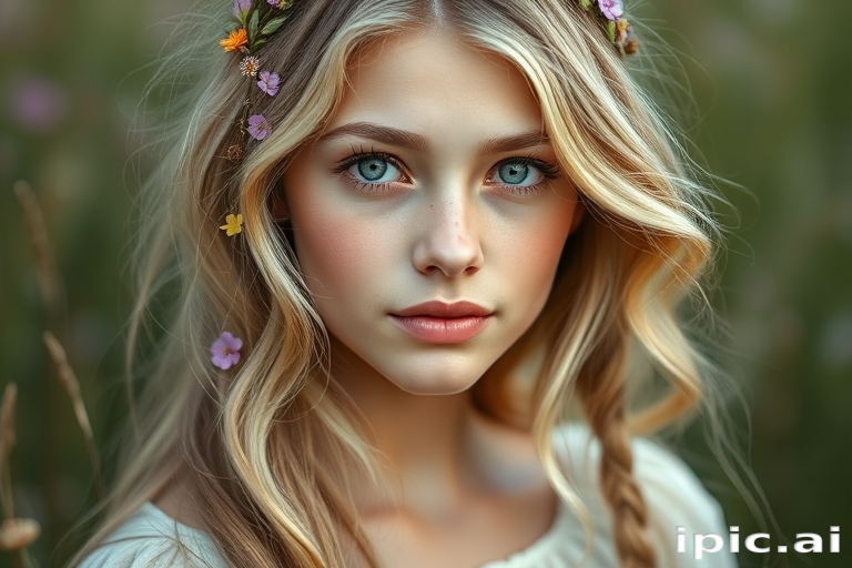 Create an image of a young woman with long, wavy blonde hair, adorned with small, colorful flowers woven into her braids and loose strands. Her complexion is fair, with soft, glowing skin, and she has light blue eyes that gaze softly at the viewer. She wears a light, flowing dress with a gentle, ethereal quality, complementing her delicate and serene appearance. The background is slightly blurred, drawing focus to her tranquil expression and the intricate details of the flowers in her hair. The overall mood of the image is one of natural beauty and grace, evoking a sense of peacefulness and connection with nature.
